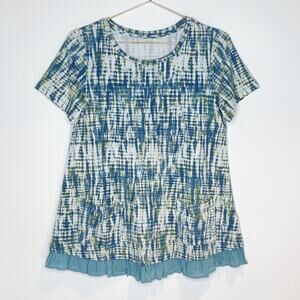LOGO Lounge By Lori Goldstein Print Top Ruffle Hem Blue Short Sleeve‎ Size Small